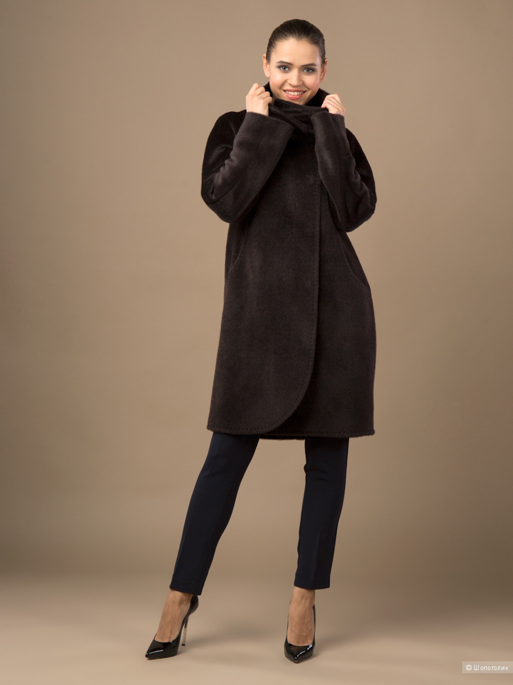 Пальто черное, Оверсайз, рр.44-48, шеость.