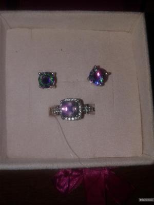 Кольцо серебро 925 пробы с мистик-топазом 16.5 размер +серьги  бижутерия в подарок.