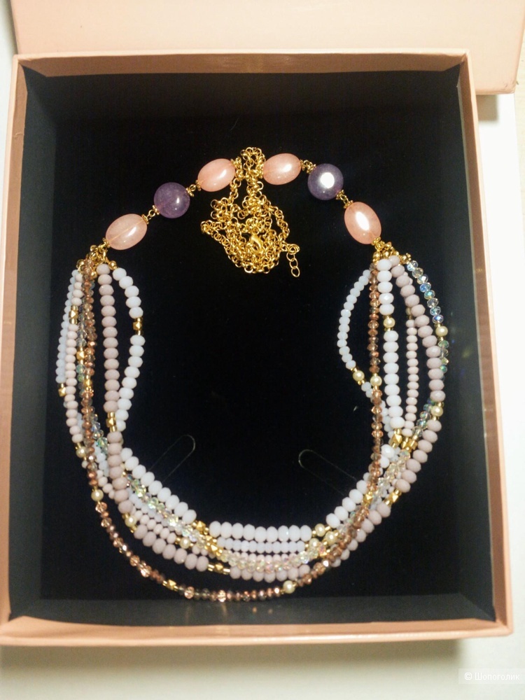 Колье, Эконика, 25 см, акрил, стекло, латунь, кварцит