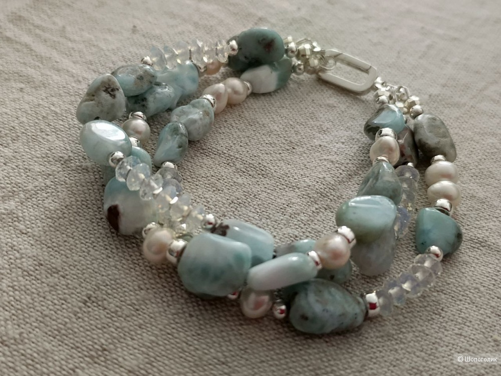 Серебряный браслет с натуральными камнями (ларимар, пресноводный жемчуг, опал)