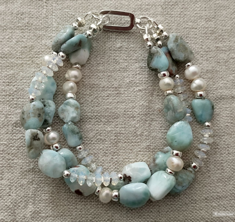 Серебряный браслет с натуральными камнями (ларимар, пресноводный жемчуг, опал)