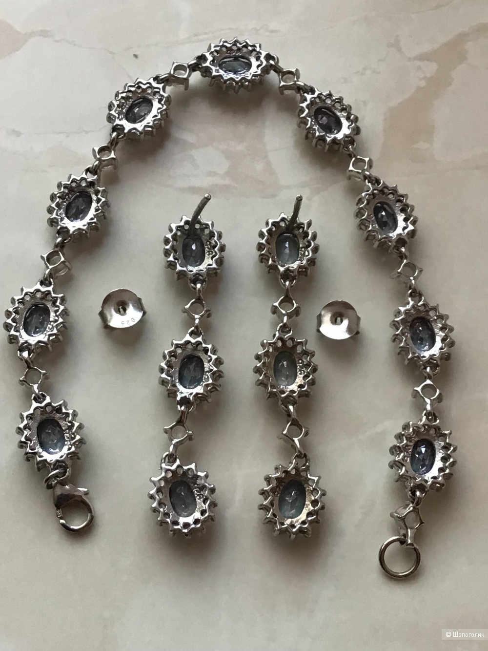 Серебряный набор серьги+браслет с натуральным кварце и лунным камнем