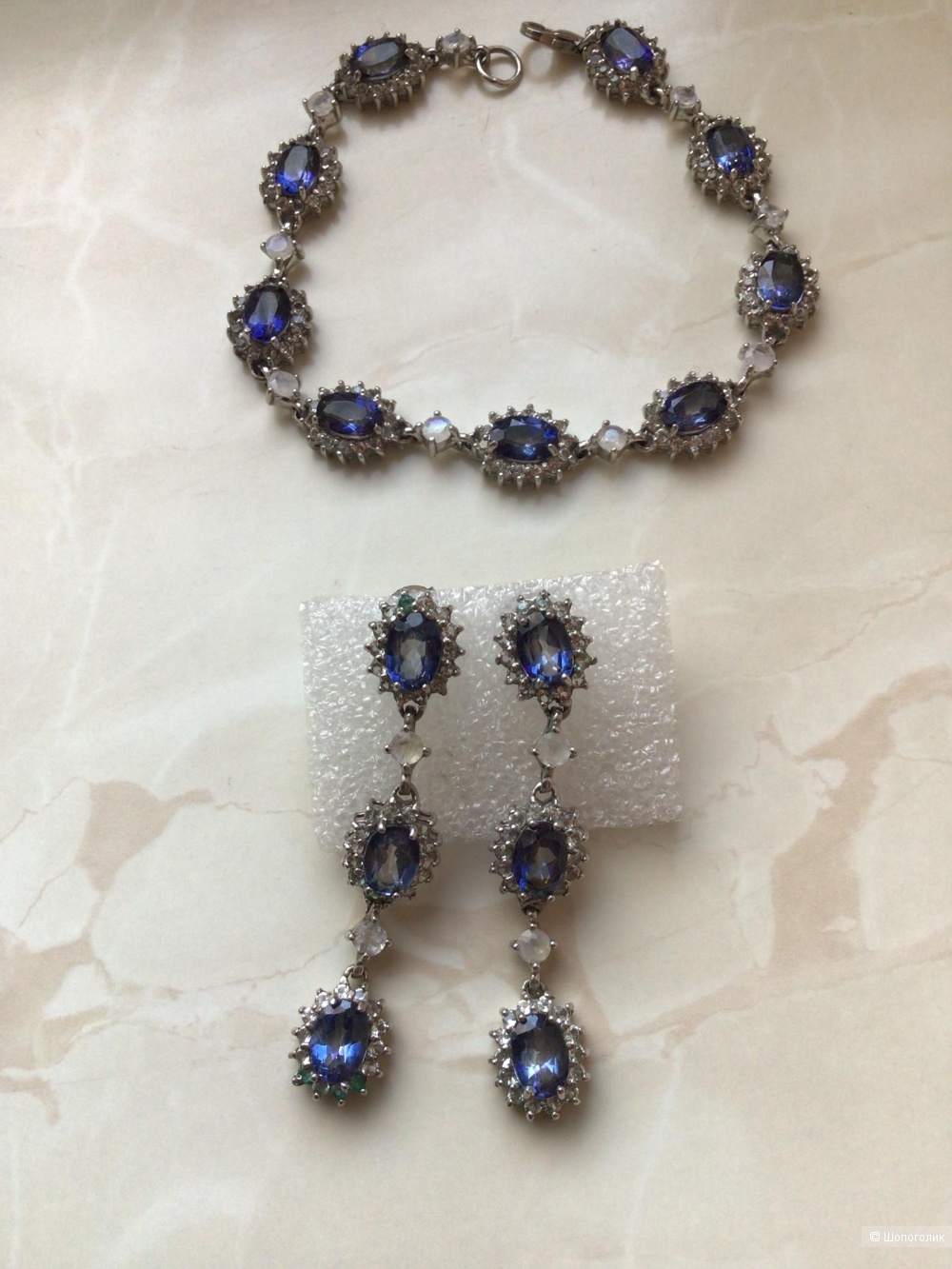 Серебряный набор серьги+браслет с натуральным кварце и лунным камнем