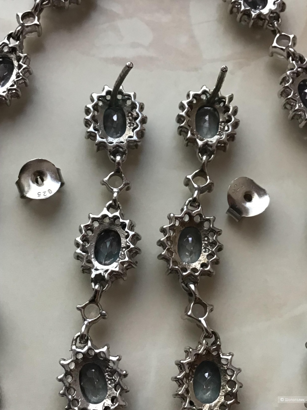 Серебряный набор серьги+браслет с натуральным кварце и лунным камнем