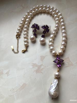 Набор (сет) серебряное колье и серьги из натурального жемчуга барокко и аметистов