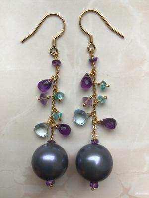 Серебряные серьги с натуральным жемчугом, топазами, аметистами