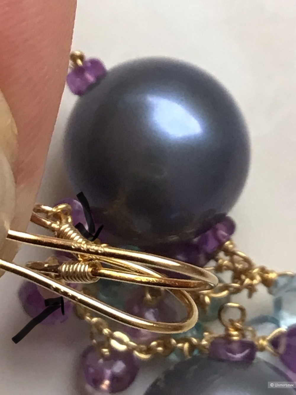 Серебряные серьги с натуральным жемчугом, топазами, аметистами