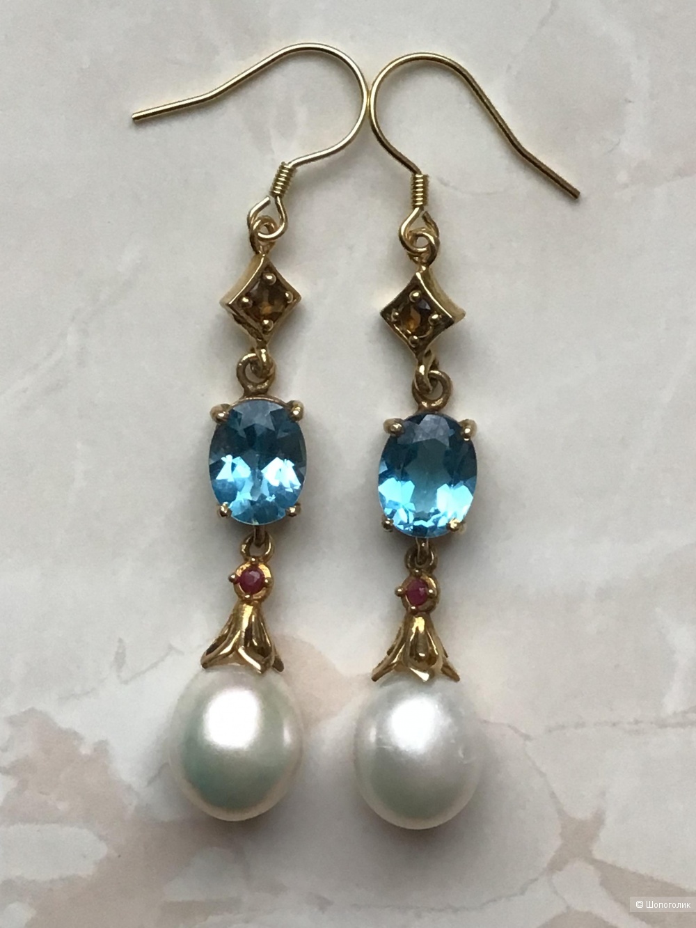 Серебряные серьги с голубым топазом, жемчугом