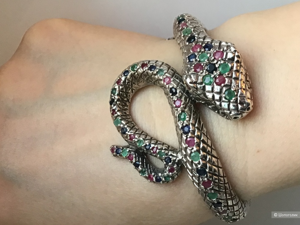 Серебряный браслет «Змея» с натуральными изумрудами, рубинами, сапфирами
