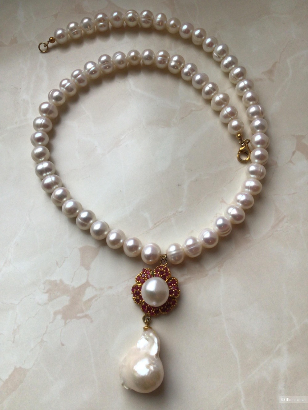 Серебряное колье из натуральных жемчуга, барокко и рубинов