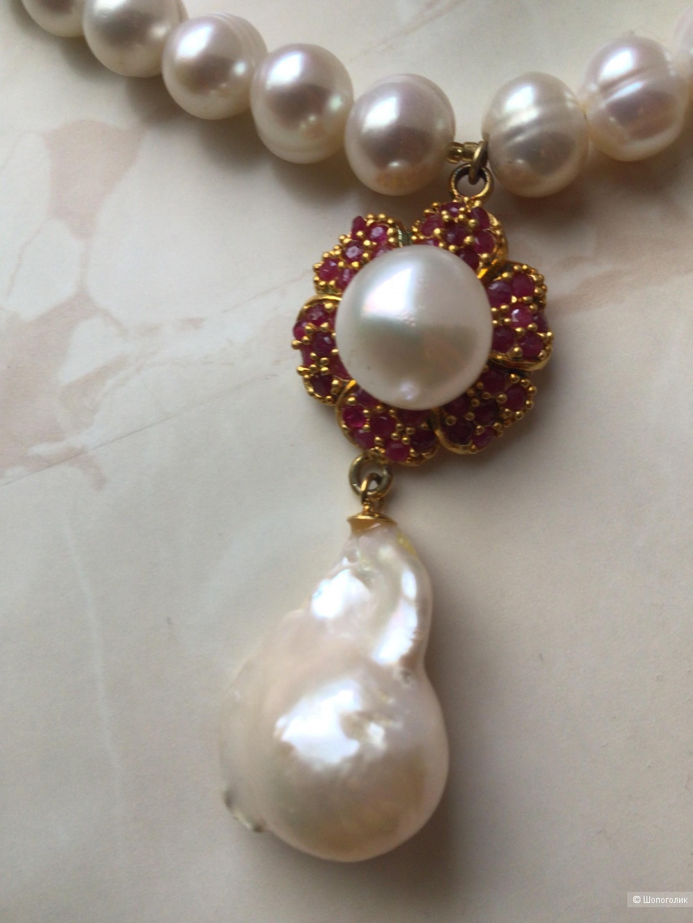 Серебряное колье из натуральных жемчуга, барокко и рубинов