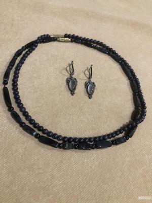 Сет из колье авантюрин , черный агат и серьги , one size.